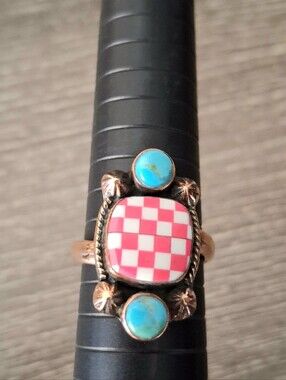 Ring Pink Checkerboard With Turquoise Accents Copper Adjustable Sizing 8-9-10